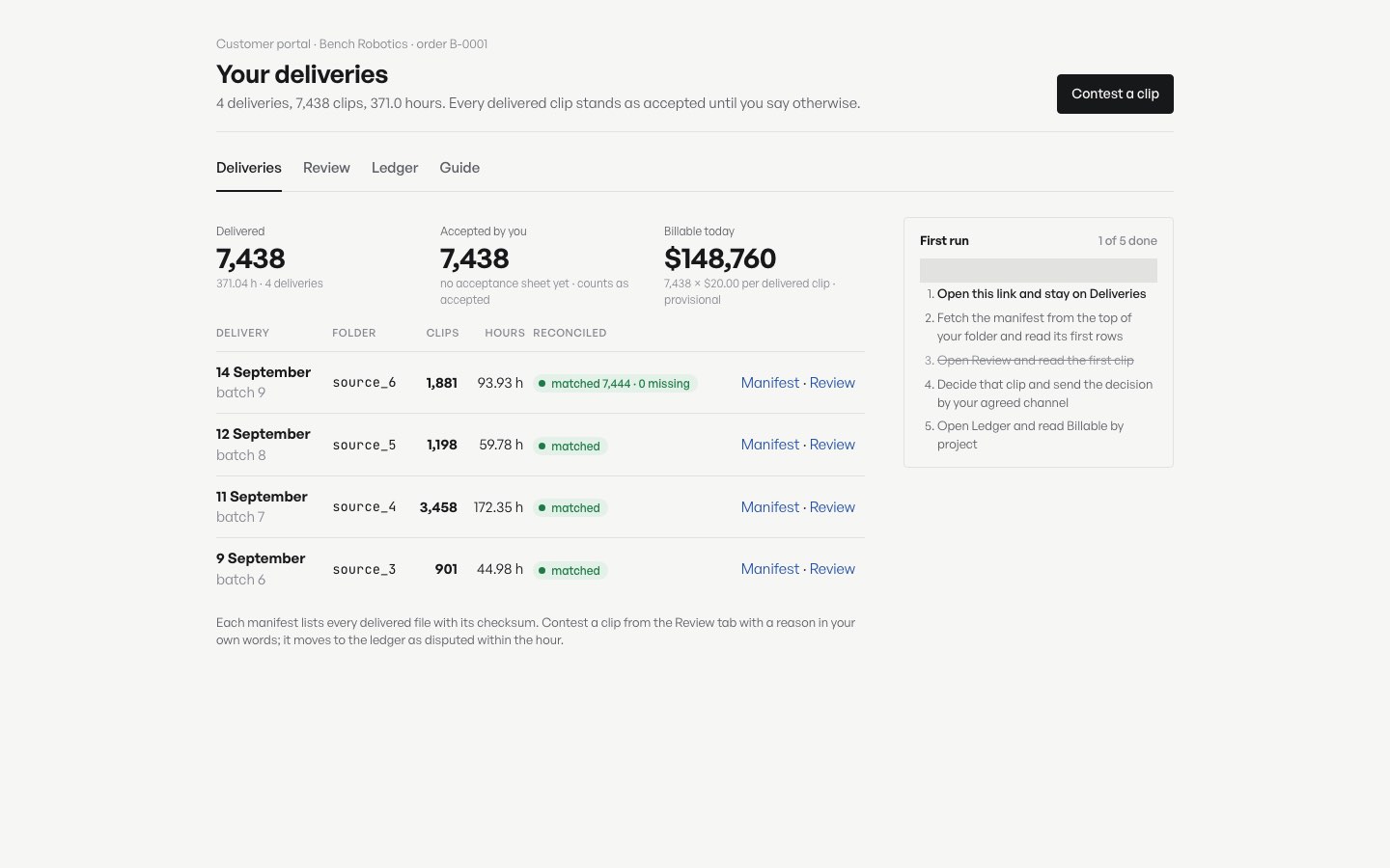 The customer portal (design): deliveries with counts, hours and a manifest for each